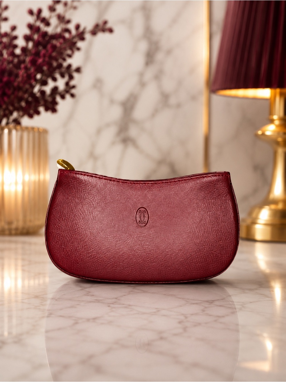 Cartier Bordeaux Leather Zip Pouch | Must de Cartier Cosmetic Case | Full Set
